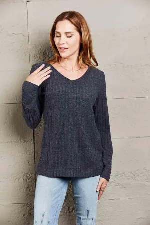 V-Neck Long Sleeve Ribbed Top