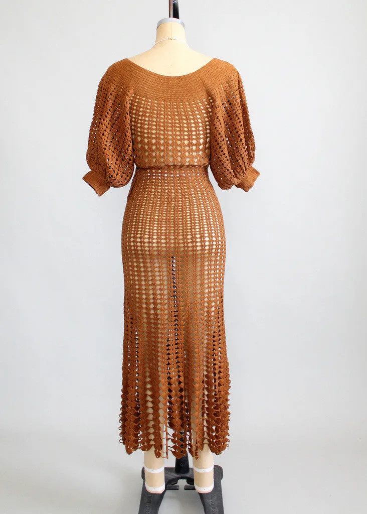 Vintage 1930s Brown Summer Crochet Dress