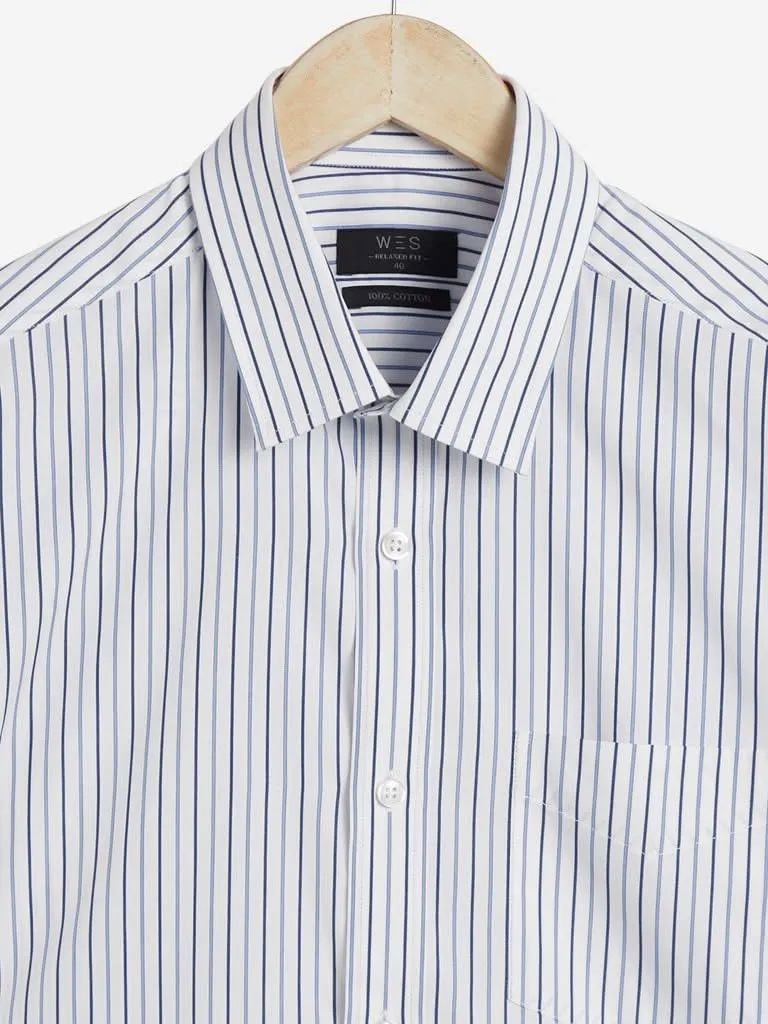 WES Formals White Striped Relaxed Fit Shirt