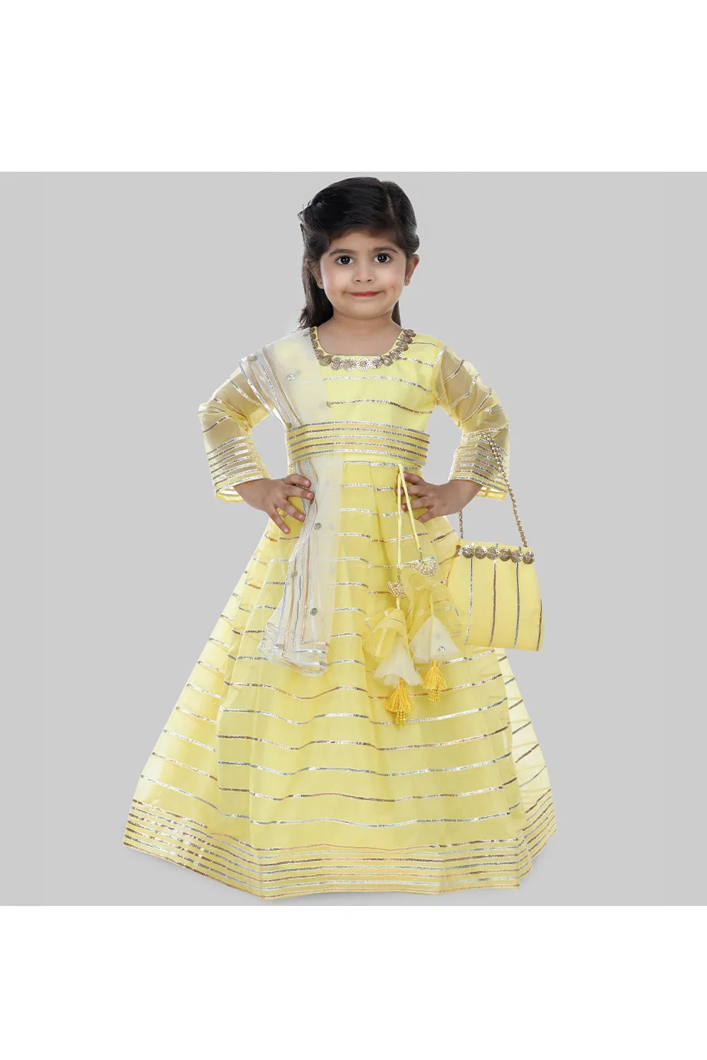 Yellow sequins and lace work anarkali with dupatta